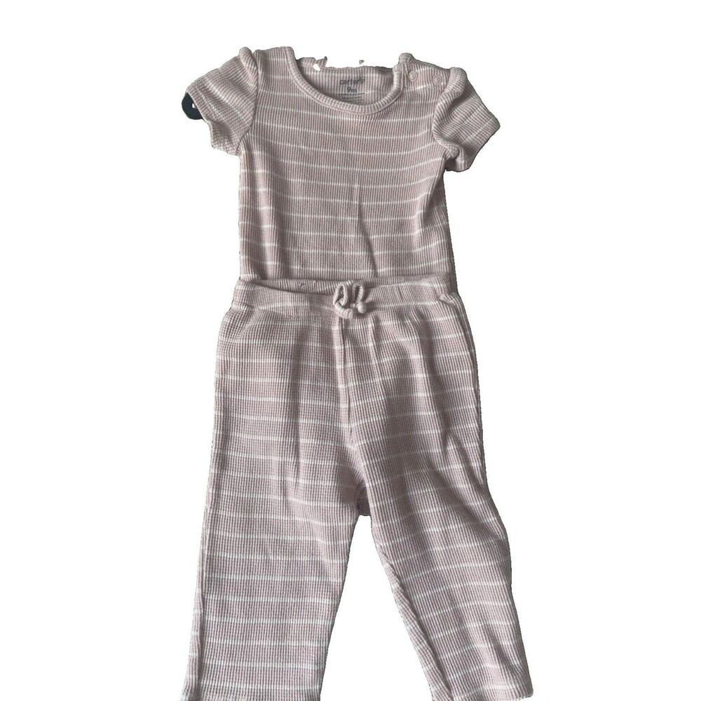 Baby Girls Pink & White Striped Knit Cotton Pants and Bodysuit, Short Sleeve